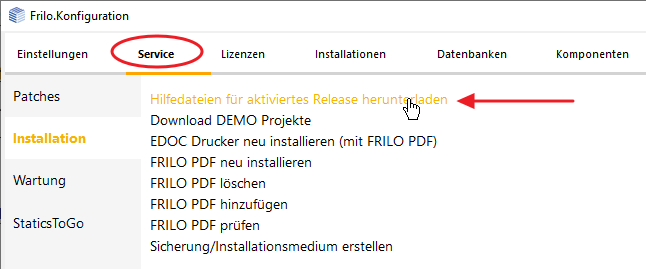 Hilfedateien und Handbücher in der FRILO Konfiguration unter Service herunterladen | FRILO