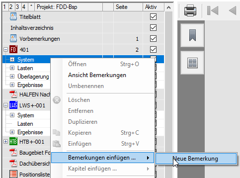 Einfügen einer neuen Bemerkung innerhalb einer Position im FRILO Document Designer (FDD) | FRILO