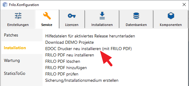 Installation des eDoc Print Pro Druckbetreibers in der FRILO Konfiguration | FRILO