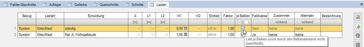 Flächenlast definieren über die Option "je Balken" | FRILO