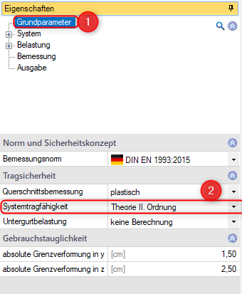 Auswahl der Theorie II.Ordnung unter Systemtragfähigkeit im Menüpunkt Grundparameter im Programm BTII+ | FRILO