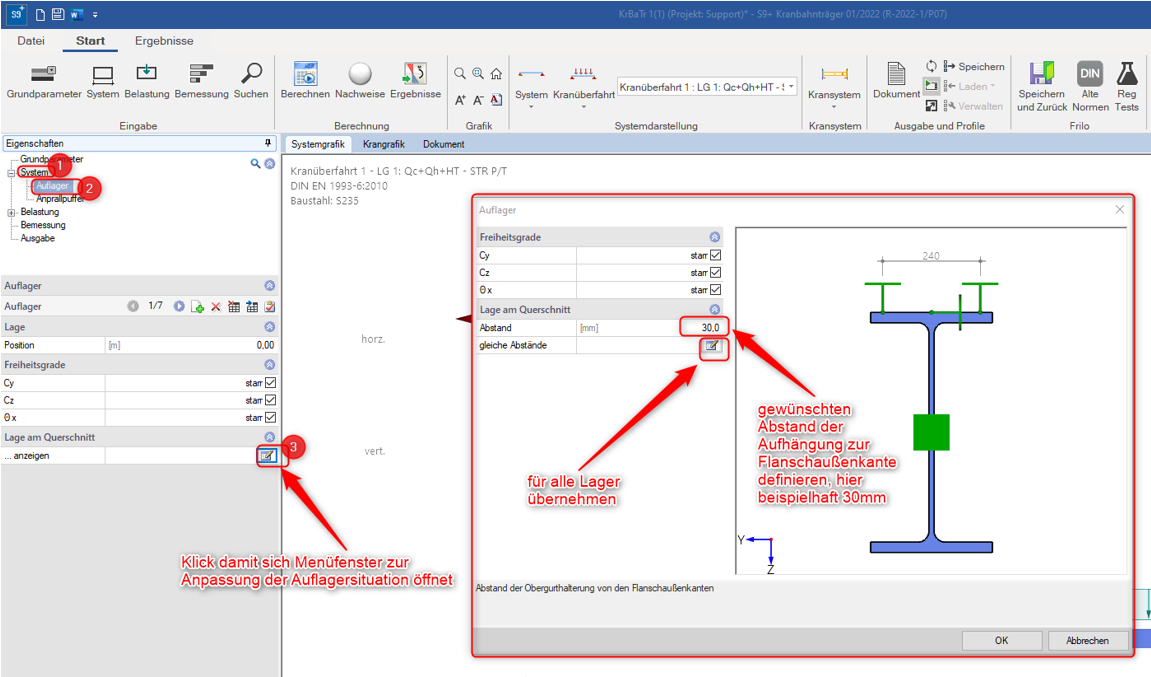 Anpassen der Lagersituation beim Hängekran unter dem Menüpunkt System > Auflager im Programm S9+ | FRILO