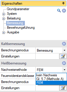 Einschalten der Heißbemessung über den Menüpunkt "Bemessung" mit der Auswahl unterschiedlicher Nachweismethoden im Programm B5+| FRILO