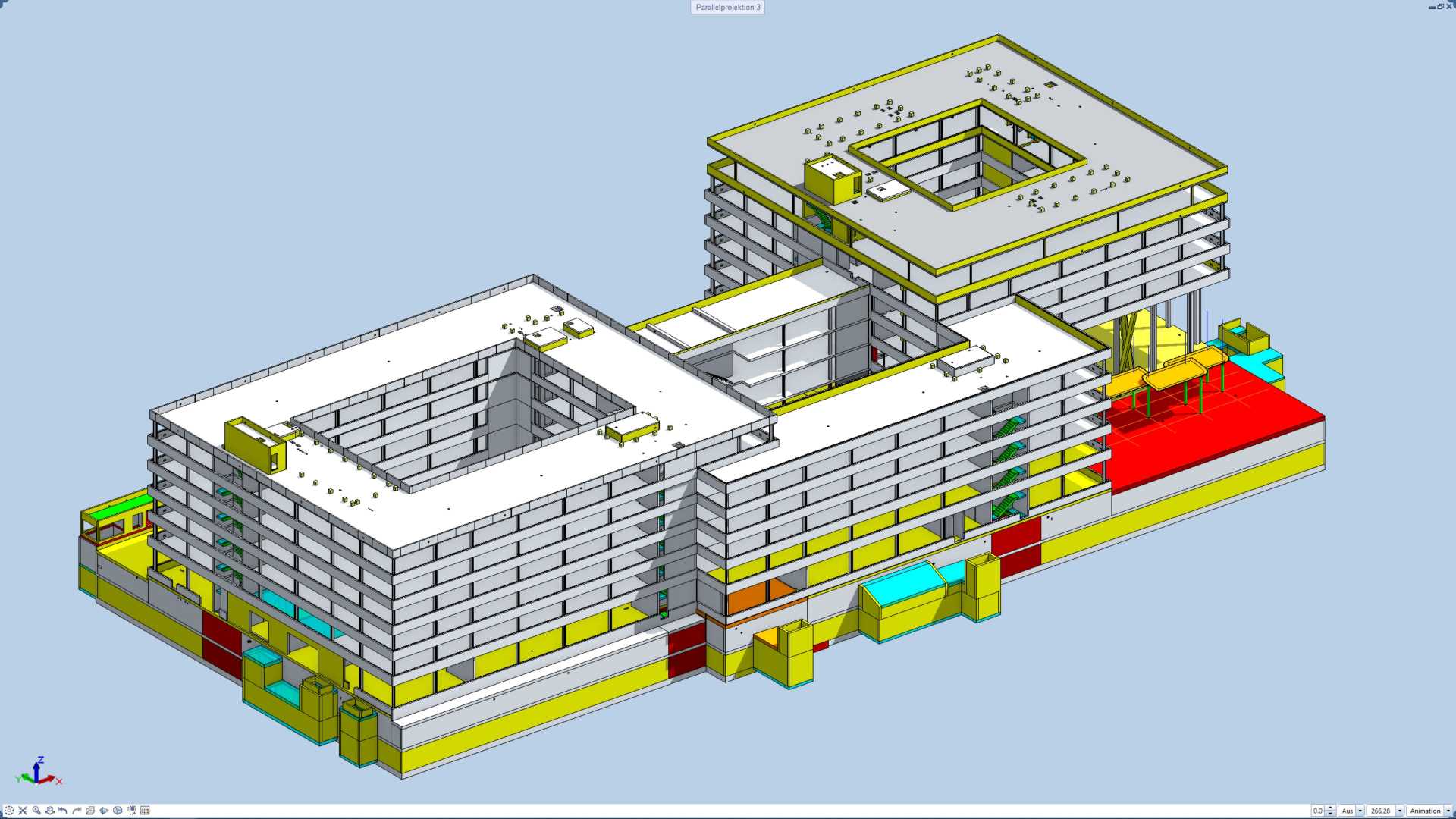 Die Vorderseite der Firmenzentrale von HeidelbergCement als 3D-Modell in der BIM-Software Allplan. (©Wulle Lichti Walz)