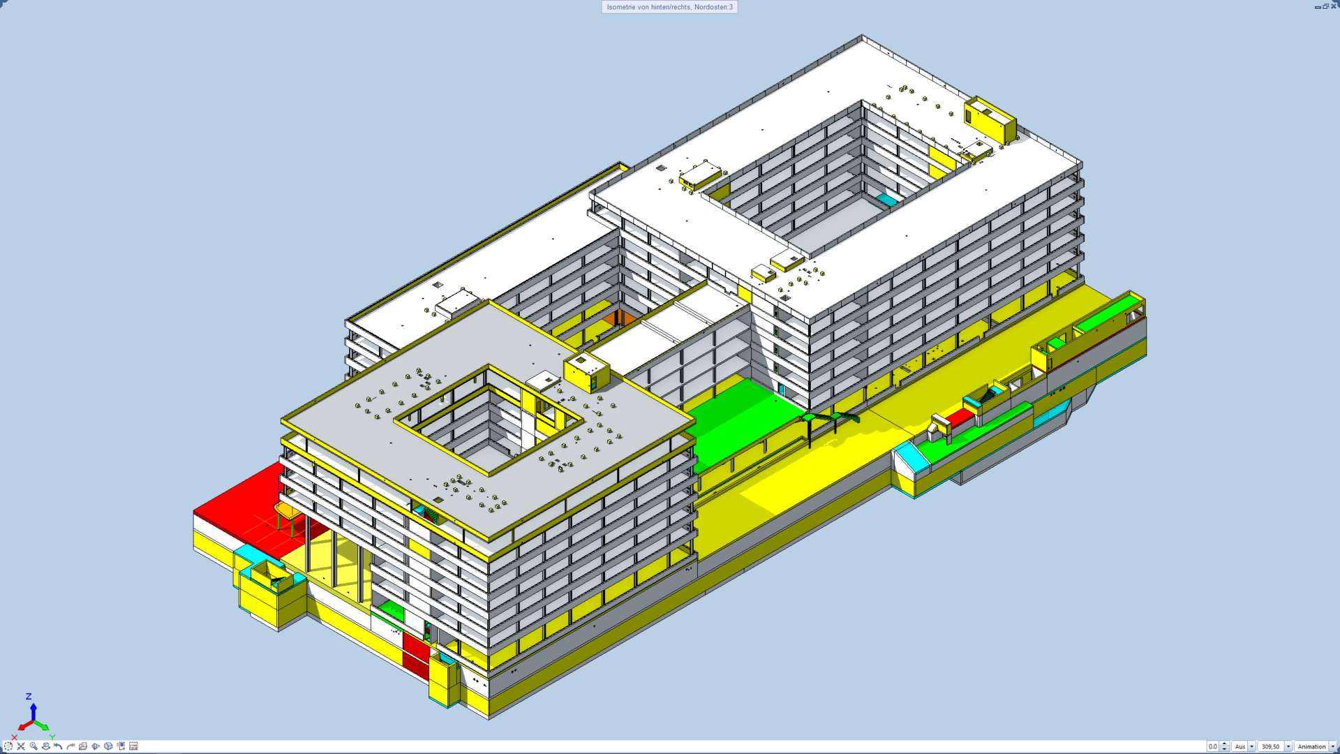 Die Rückseite der Firmenzentrale von HeidelbergCement als 3D-Modell in der BIM-Software Allplan. (©Wulle Lichti Walz)