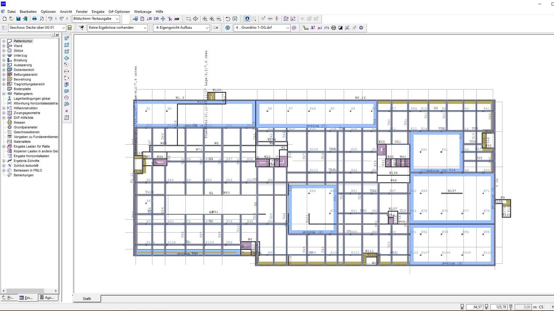 Ansicht der Decke über dem Untergeschoss im Gebäudemodell GEO von FRILO.