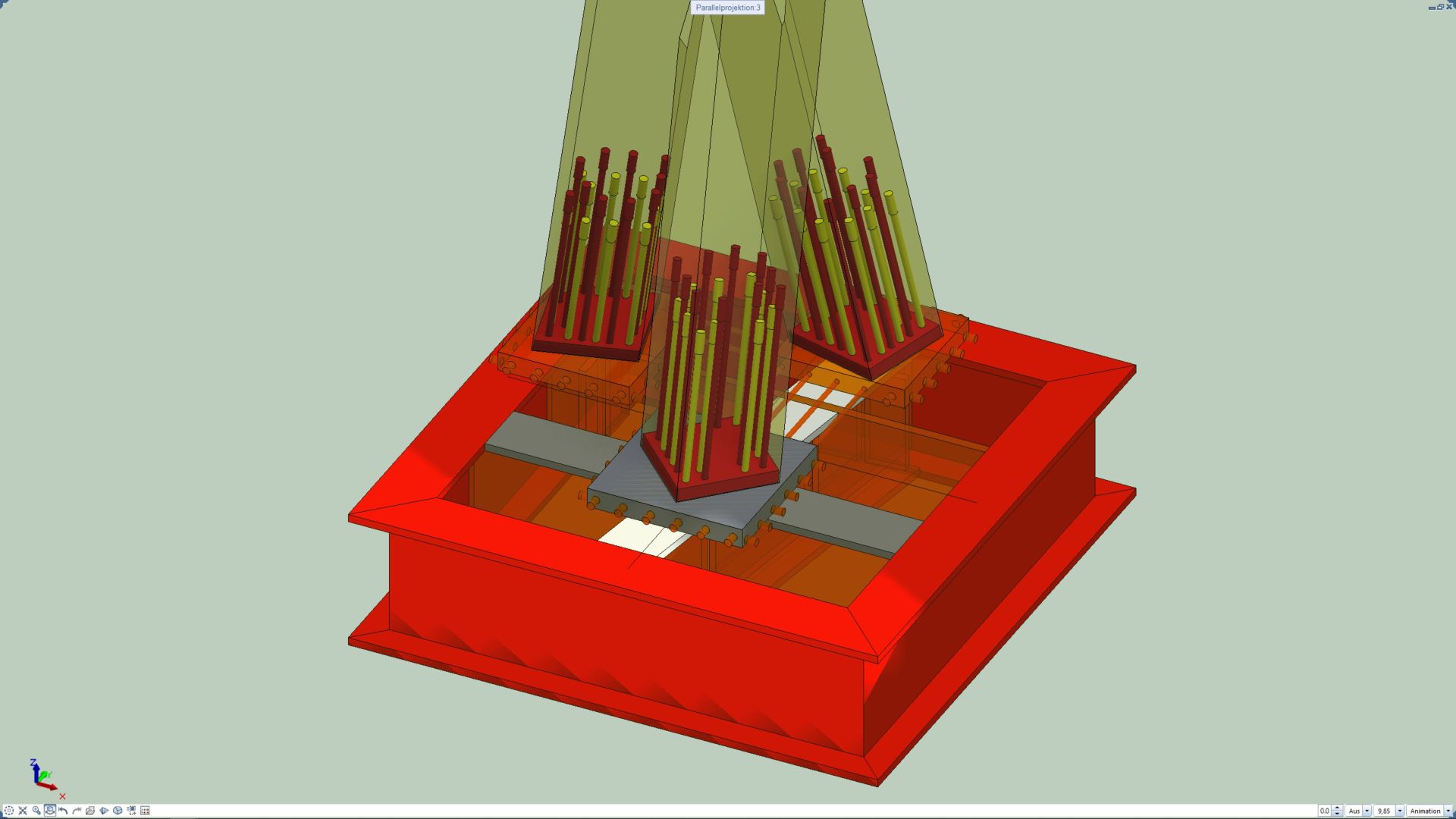 Anschluss eines Europilzes an eine der drei Baumstützen visualisiert in Allplan. (©Wulle Lichti Walz)