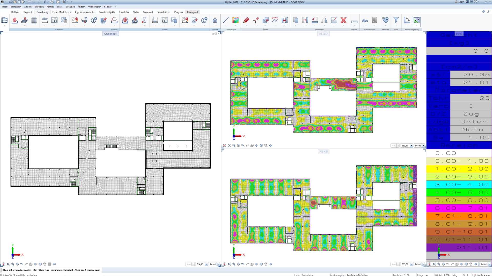 Darstellung der Farbabstufungen für die Bewehrungsplanung in Allplan. (©Wulle Lichti Walz)