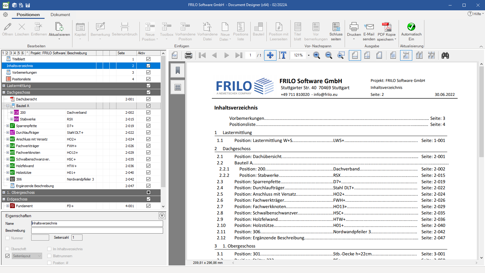 Der FRILO Document Designer erstellt ein gesamtes Statikdokument. Hier ein beispielhaftes Inhaltsverzeichnis | FRILO