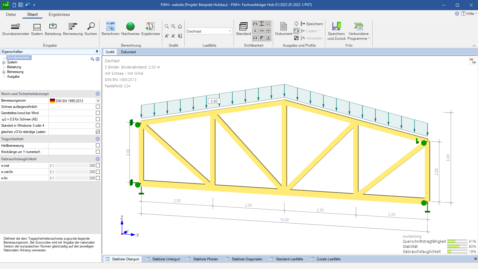 Die Programmoberfläche des FWH+ mit Doppeltrapezbinder in 3D-Ansicht