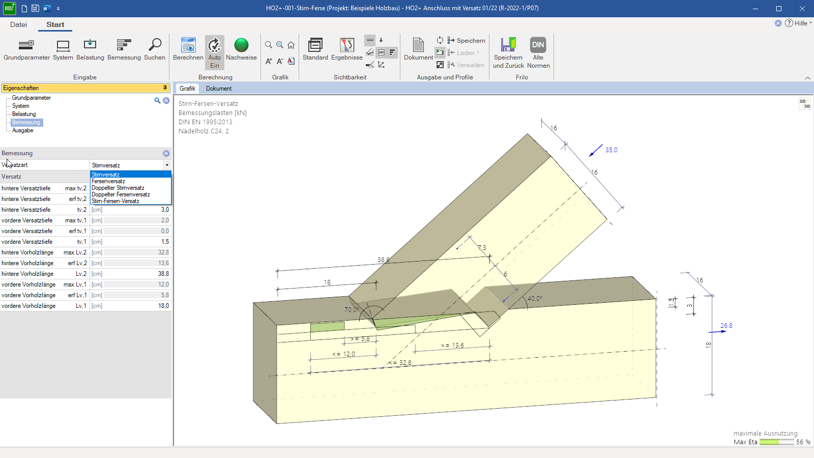 Die Programmoberfläche des HO2+ mit Stirn-Fersenversatz, 3D-Darstellung