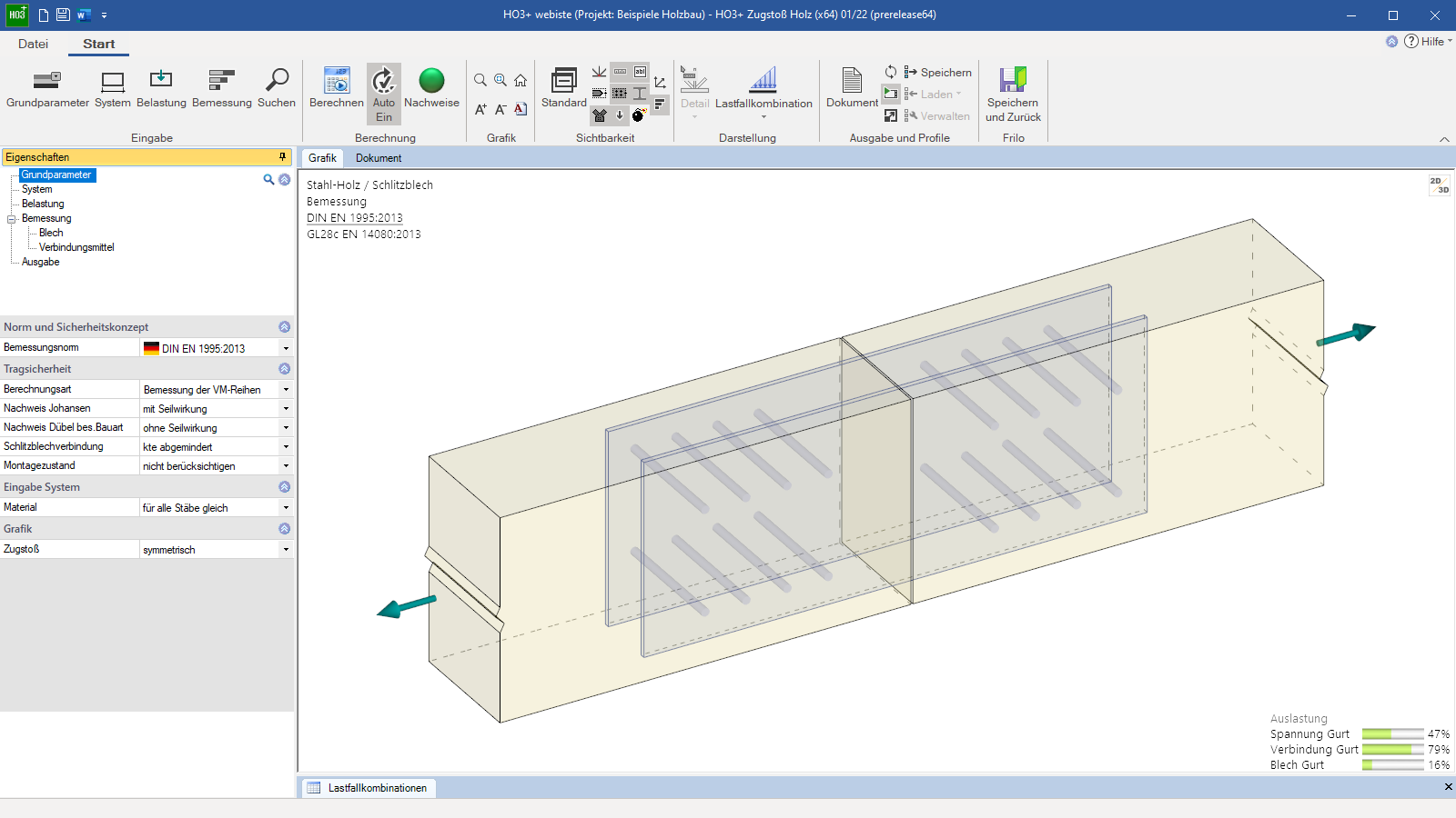 Programmoberfläche des HO3+ mit Grundparametern der Eingabe und Holz-Stahl-Verbindung in 3D-Ansicht