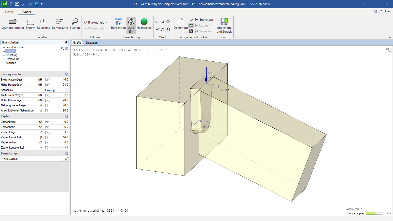 Systemeingabe mit Ansicht in 3D von geneigtem Nebenträger aus Brettschichtholz