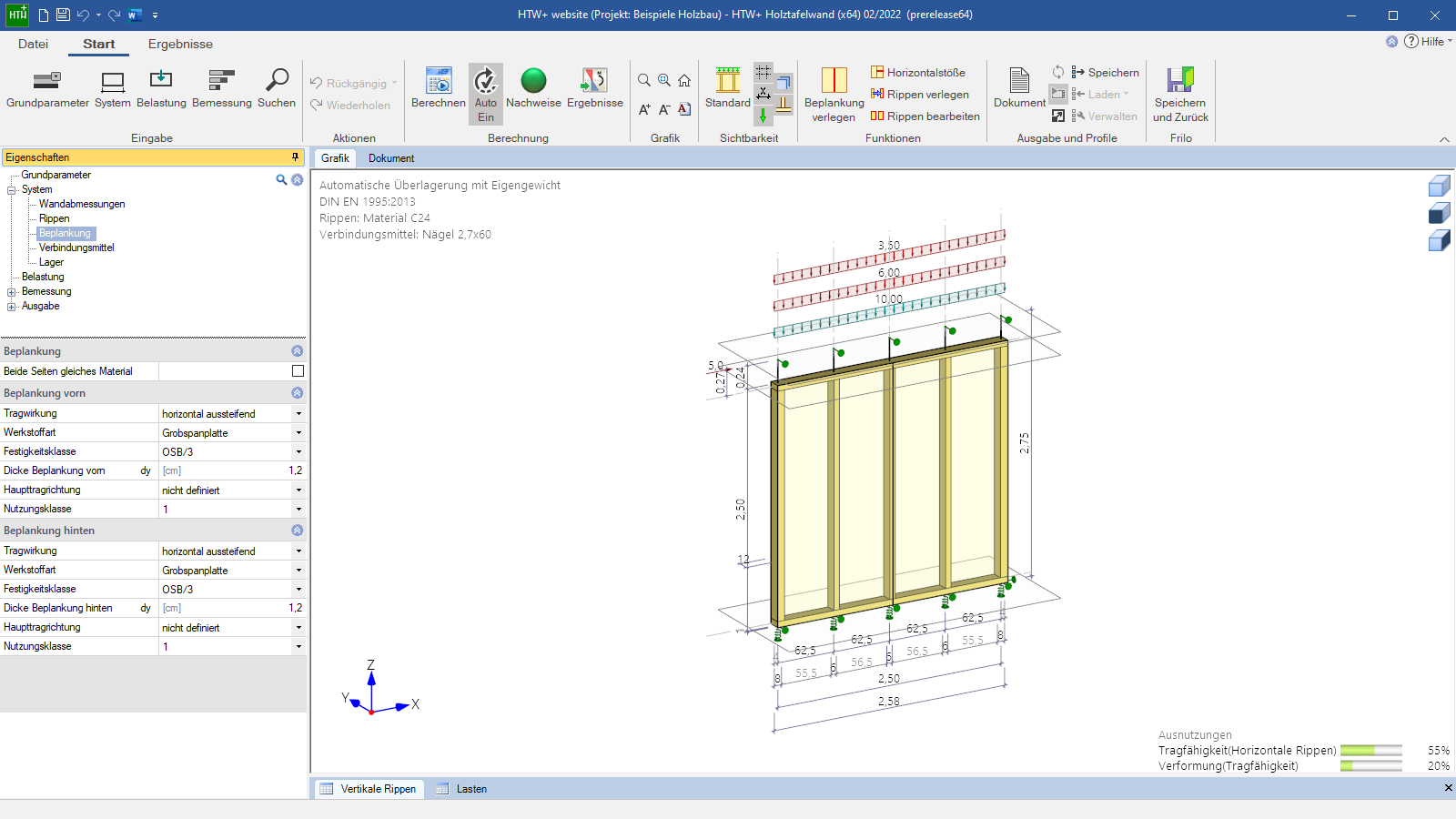 Die Programmoberfläche des HTW+ mit Eingabe der Beplankung, Grafik in 3D-Ansicht