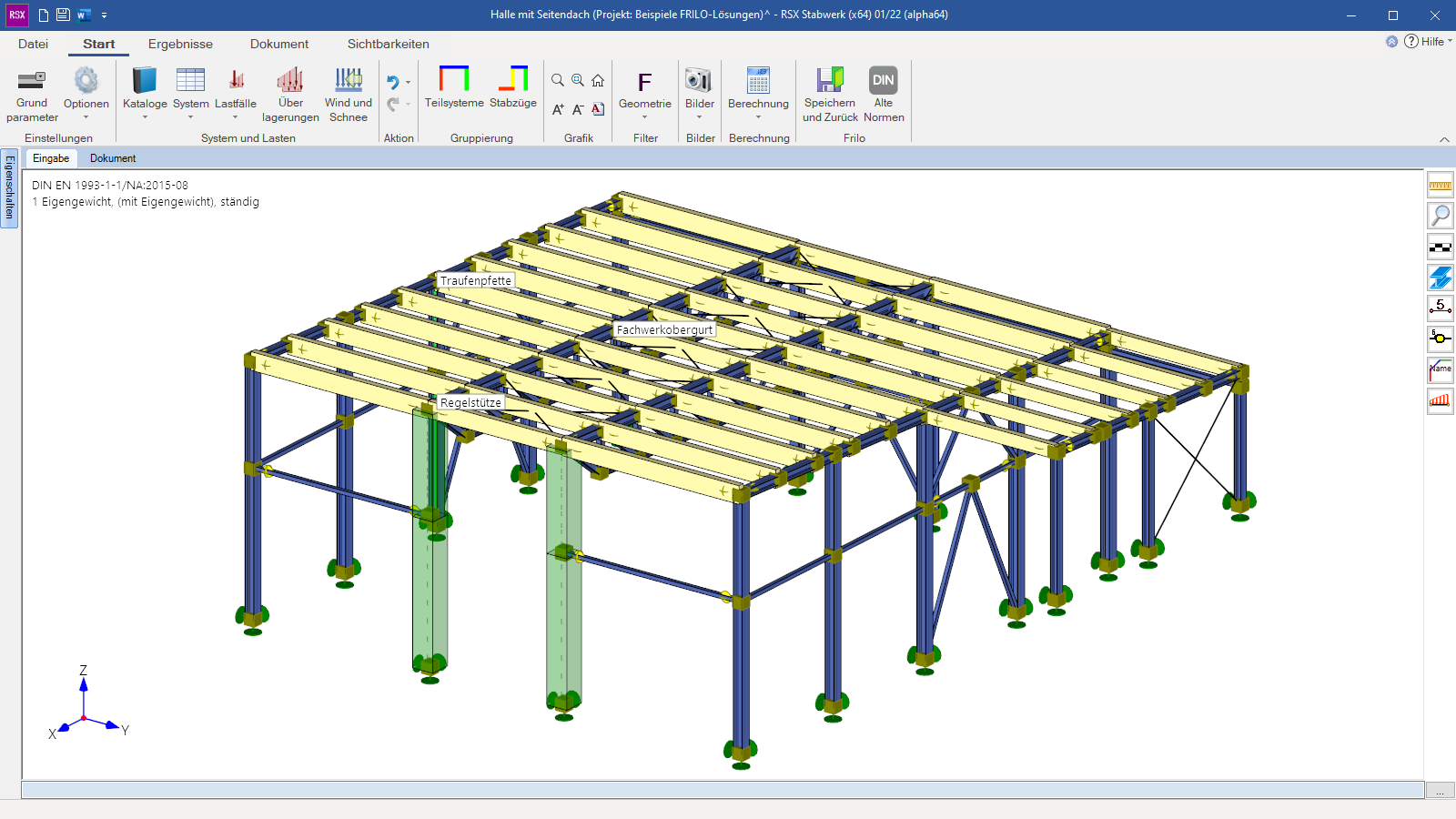 Das Statikprogramm Stabwerk RSX mit grafischer Darstellung einer Halle mit Seitendach als Volumenmodell. Die Bemessung für Stahl, Holz, Stahlbeton oder Aluminium ist möglich.