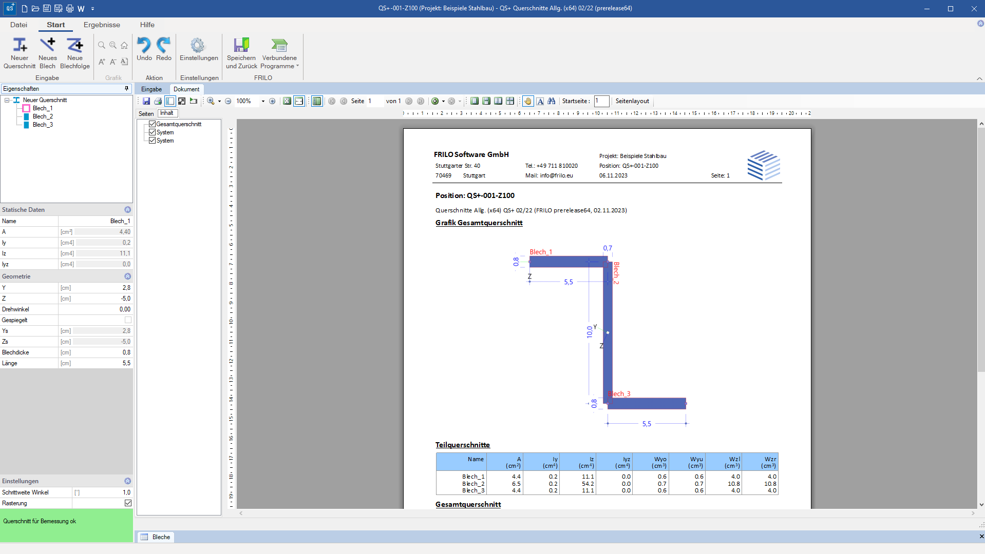 Das Ausgabedokument des Programms Querschnitte Allgemein QS+ | FRILO Software