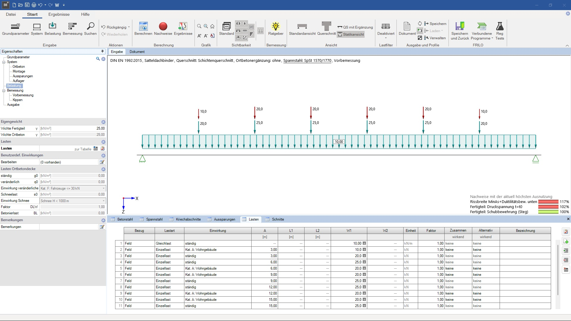 Spannbettbinder | Lastgrafik und Eingabetabelle | FRILO