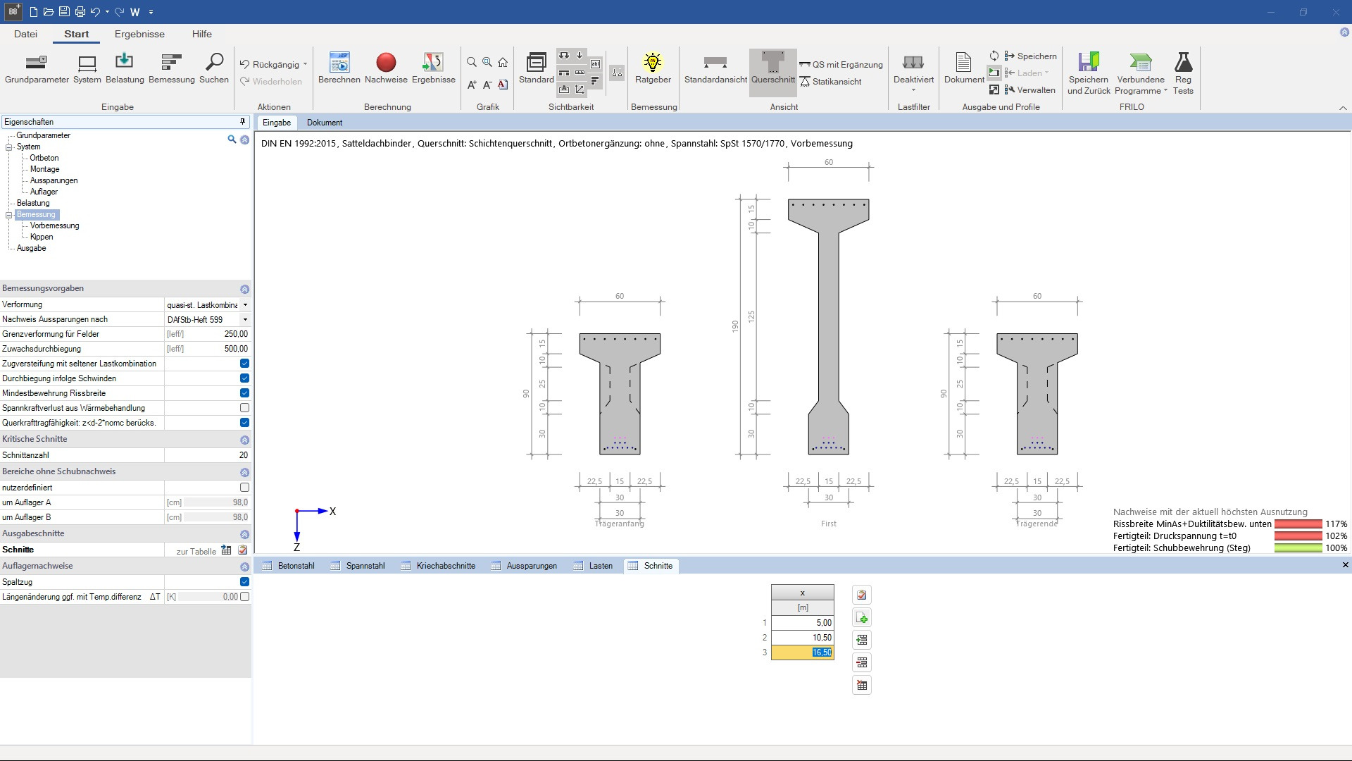 Spannbettbinder | Querschnitte an unterschiedlichen Stellen des Trägers | FRILO