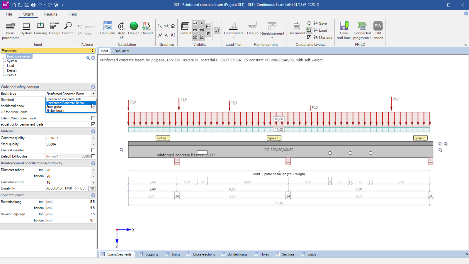 The program interface with the selected reinforced concrete beam