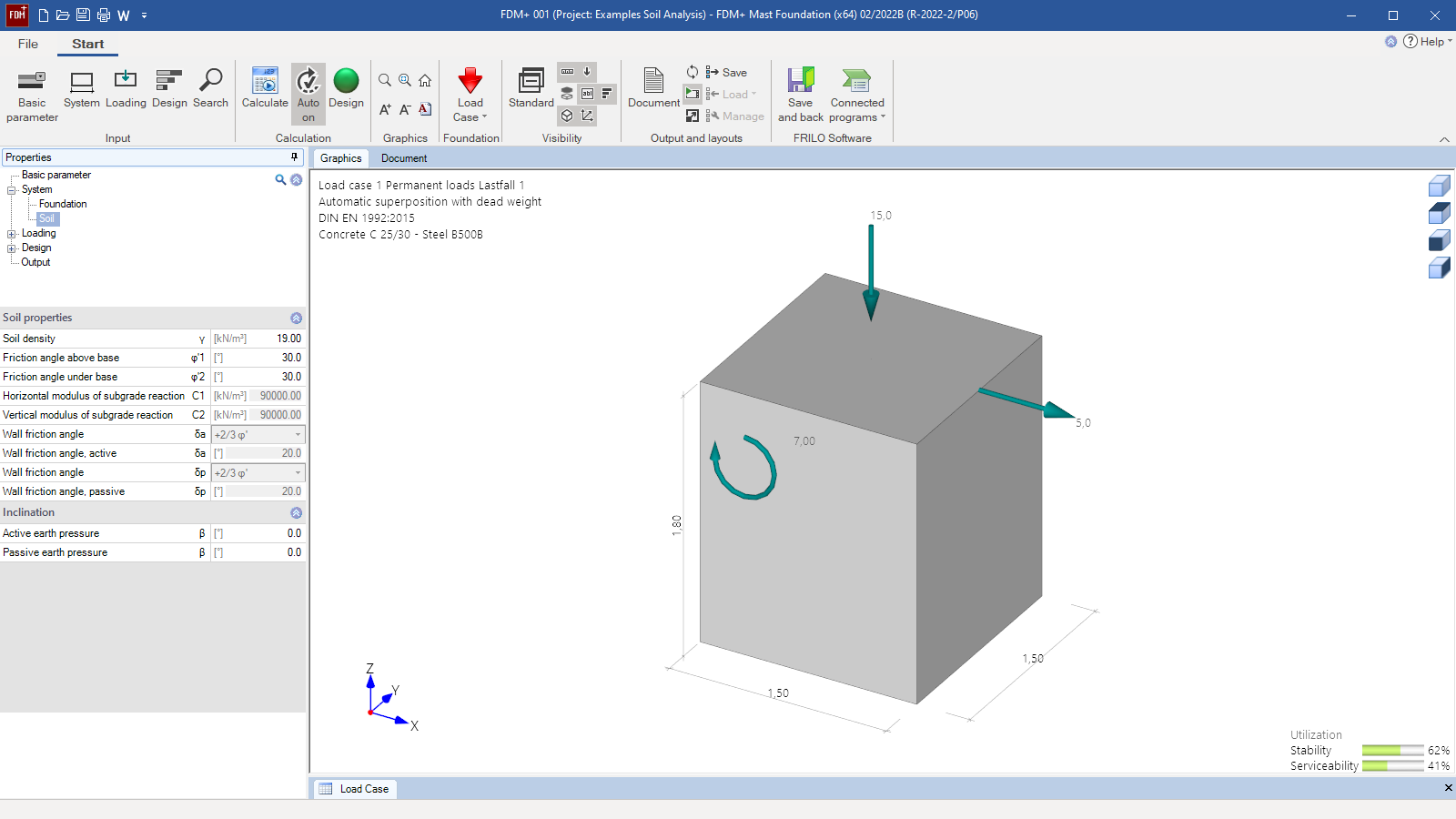FDM+ user interface with the required soil parameters for the calculation using the subgrade reaction modulus method