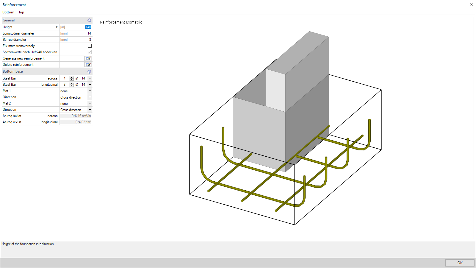 Reinforcement dialog with preview of the required reinforcement