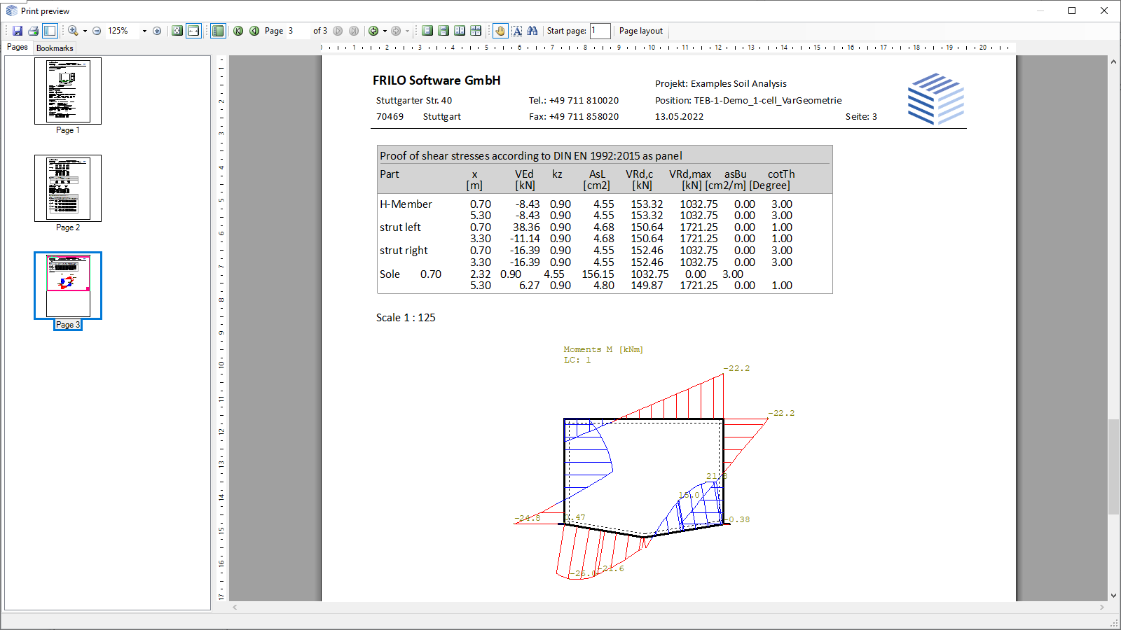 Output document, enveloping curve of the design moments