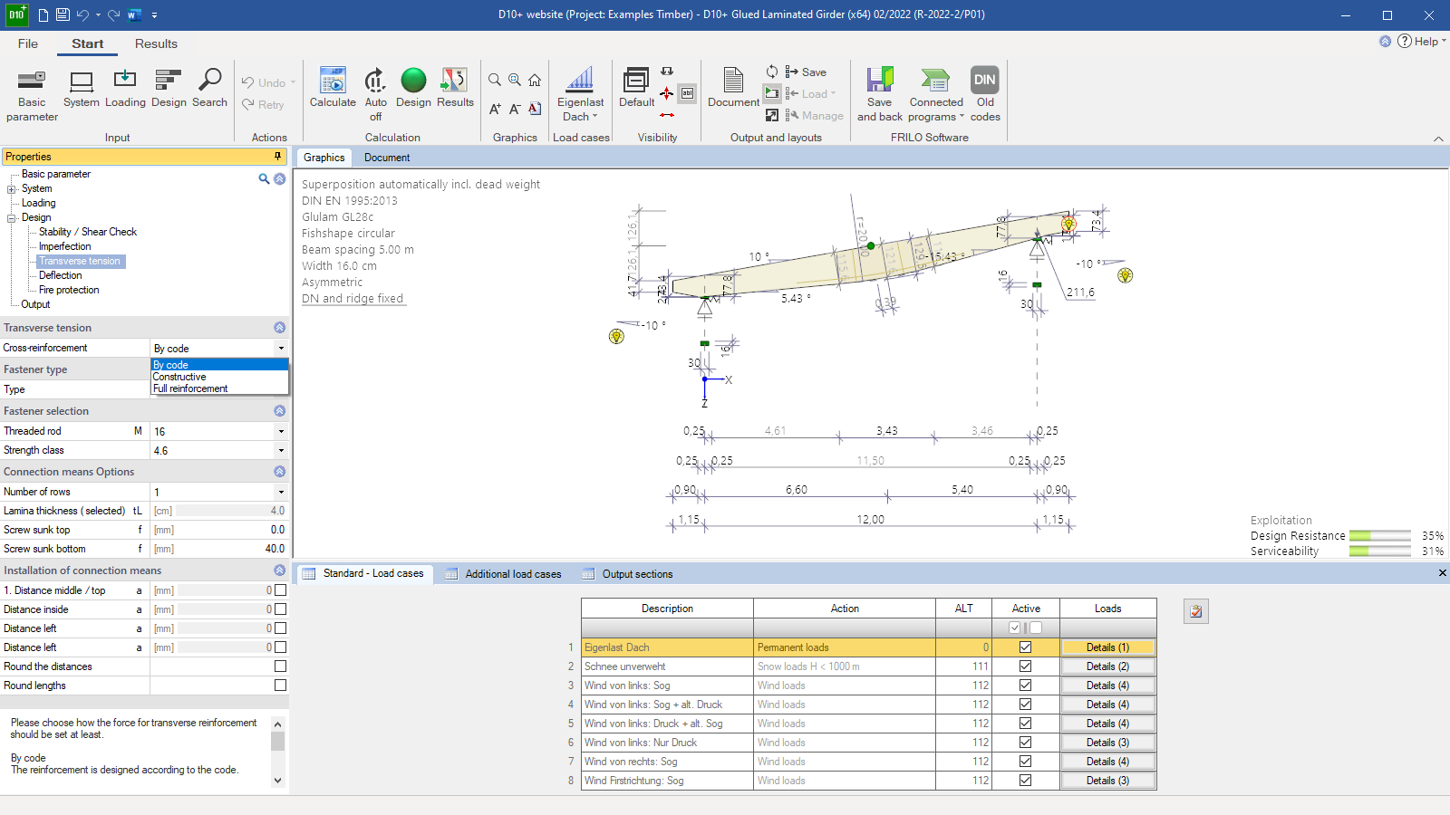 D10+ user interface with circular fish-belly girder, options for the transverse tensile reinforcement and standard load cases