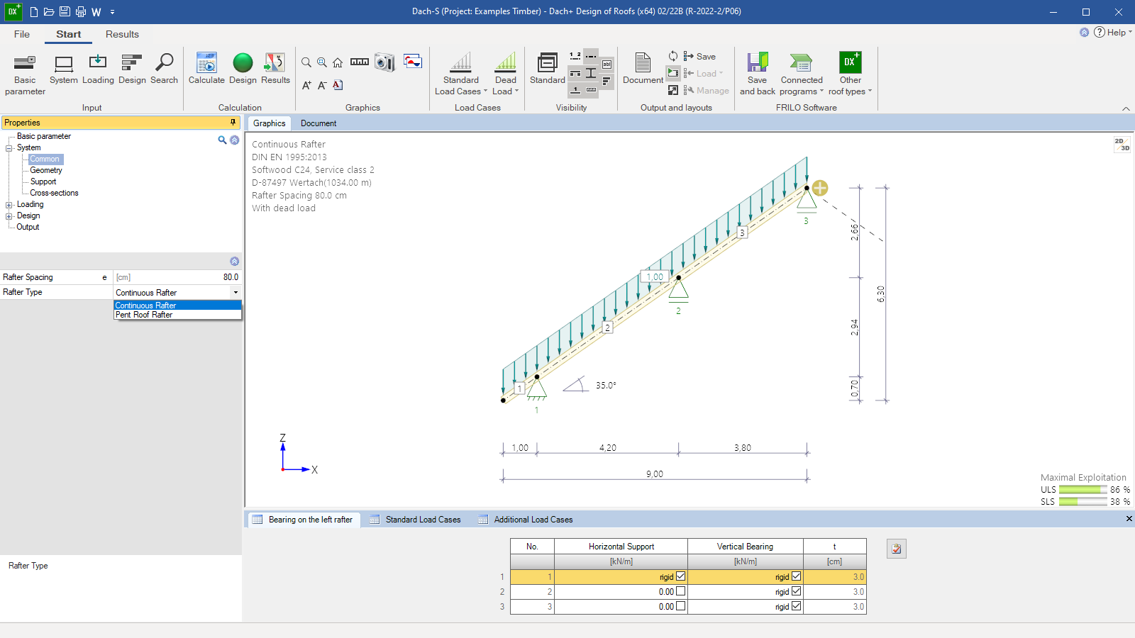 User interface with selection options for a continuous rafter and a single-pitch roof rafter