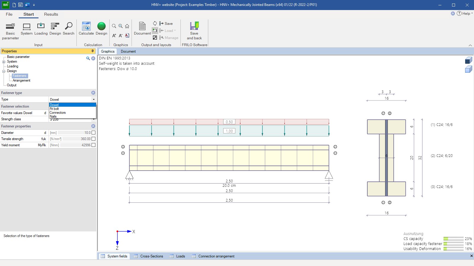 HNV+ user interface with a three-part beam type 1 in a 2-d representation, selection options for fasteners
