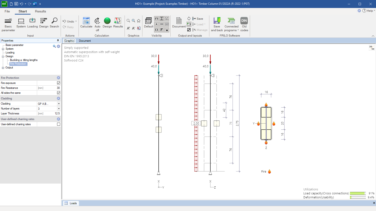 Data entry for the fire-safety design of a hinged column with user-defined charring rates