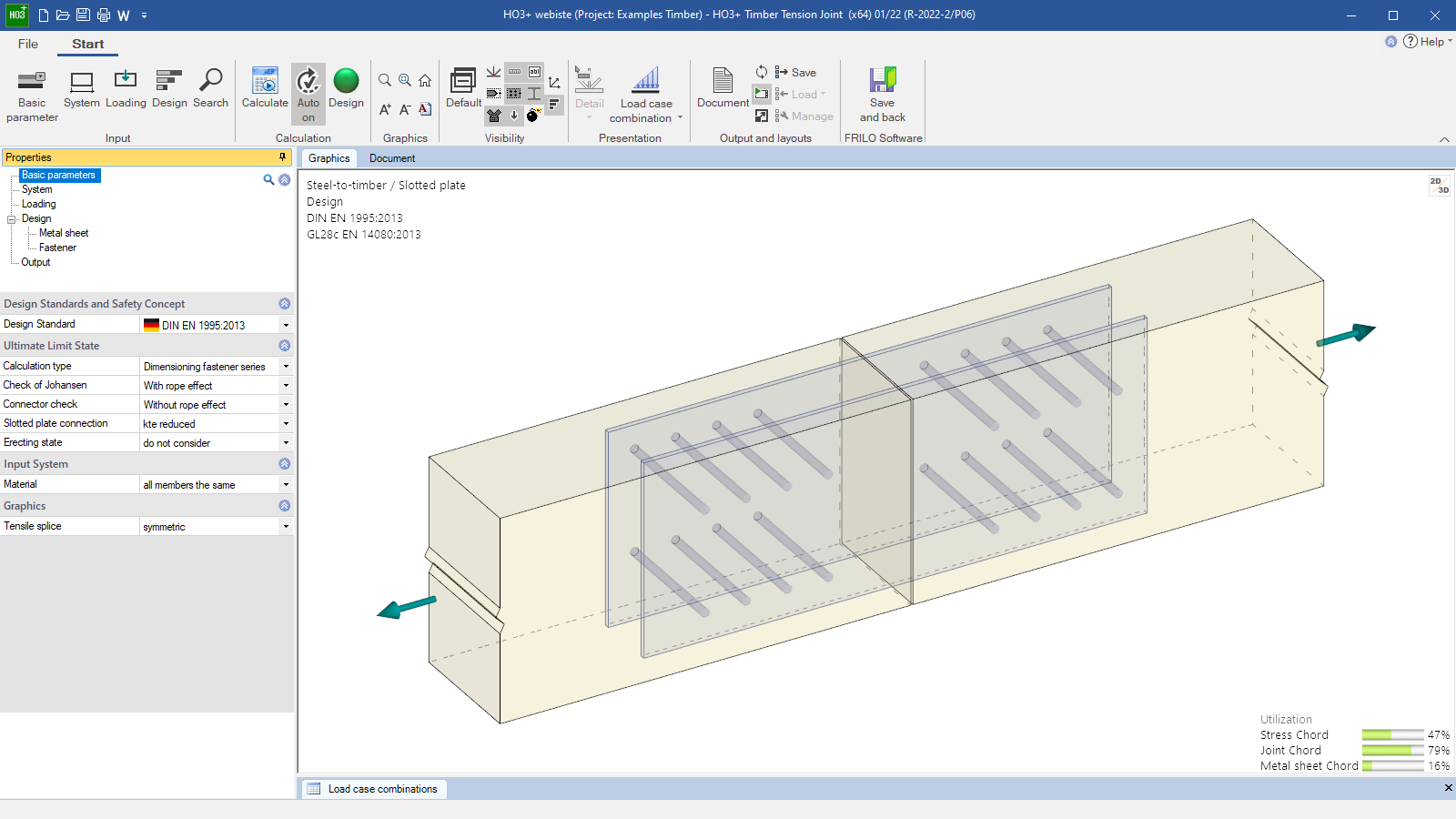 HO3+ user interface with basic parameters and a timber-steel-connection in a 3-d representation