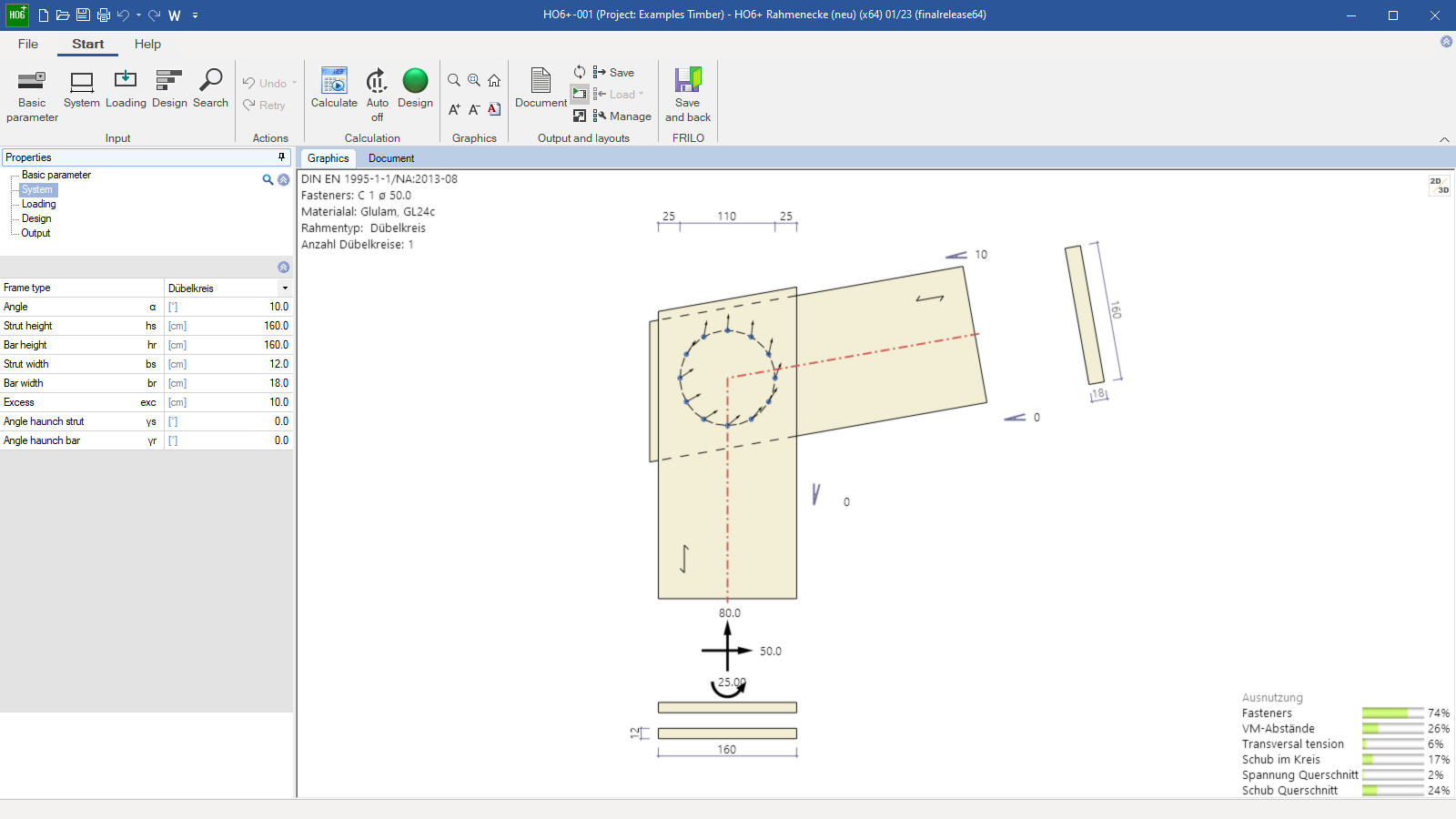 The program interface of the HO6+ with system inputs for one dowel circle