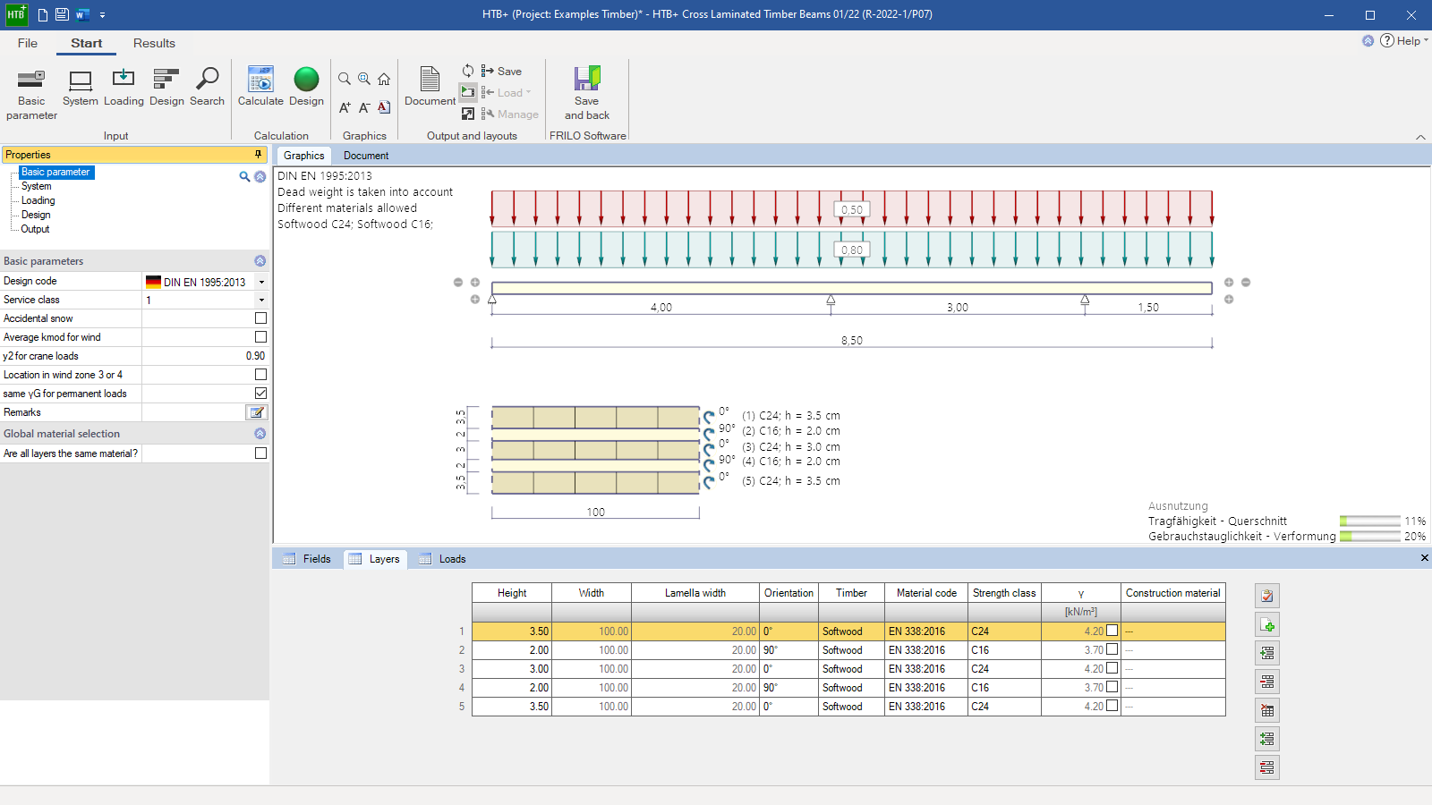 View of the defined layers in the table and the graphical user interface