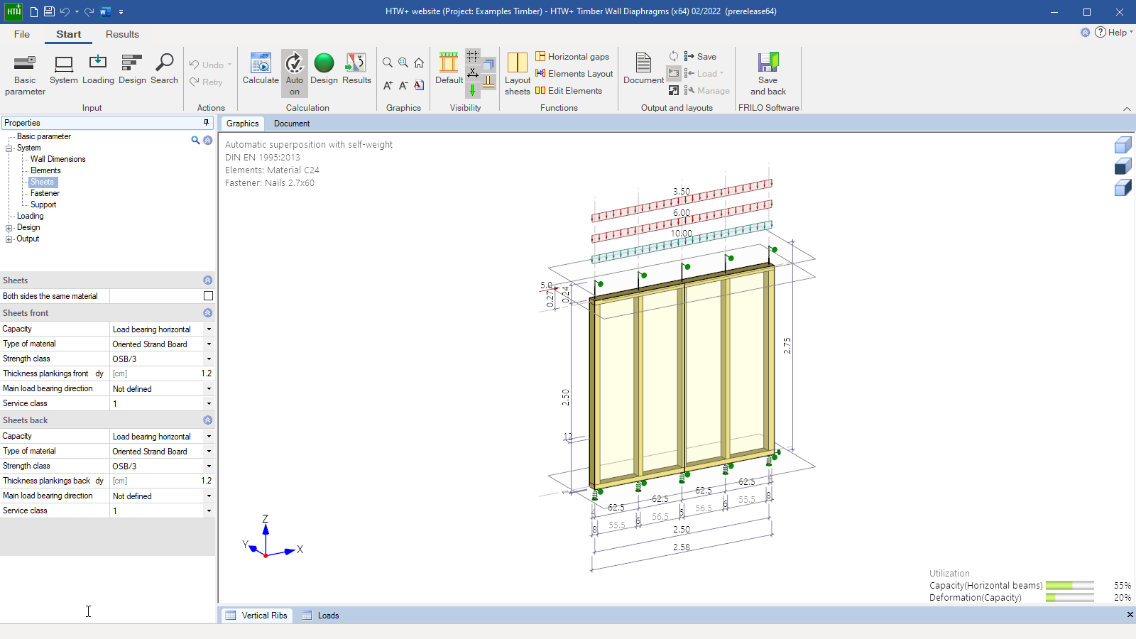 HTW+ user interface with options for the entry of the panelling, graphical representation in 3-d