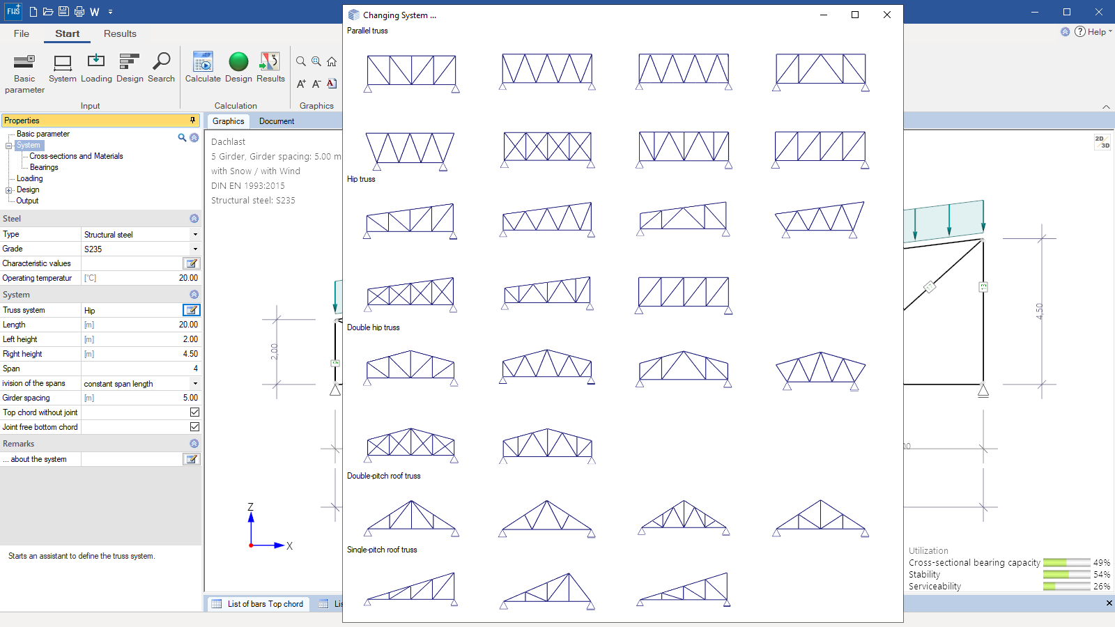 Selection options for pre-defined truss types