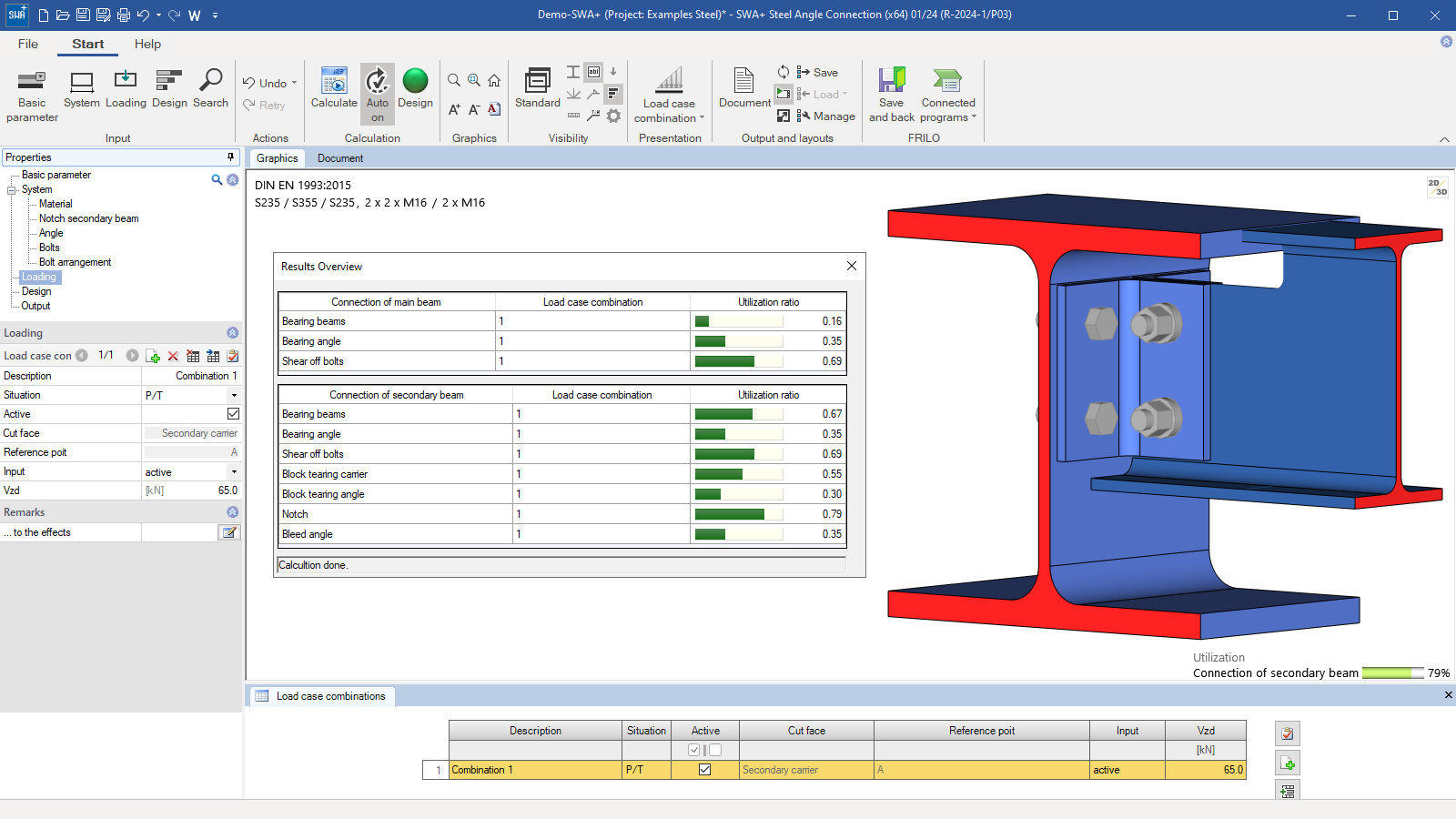 Results overview and 3D view SWA+ Steel Angle Connection
