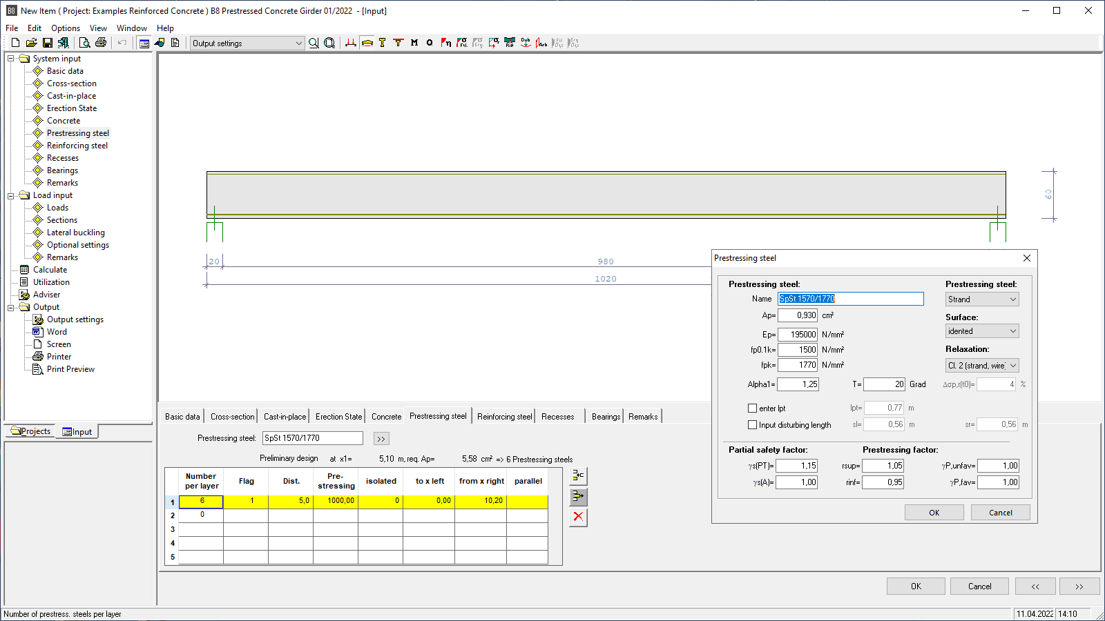 Data-entry options for the prestressing steel