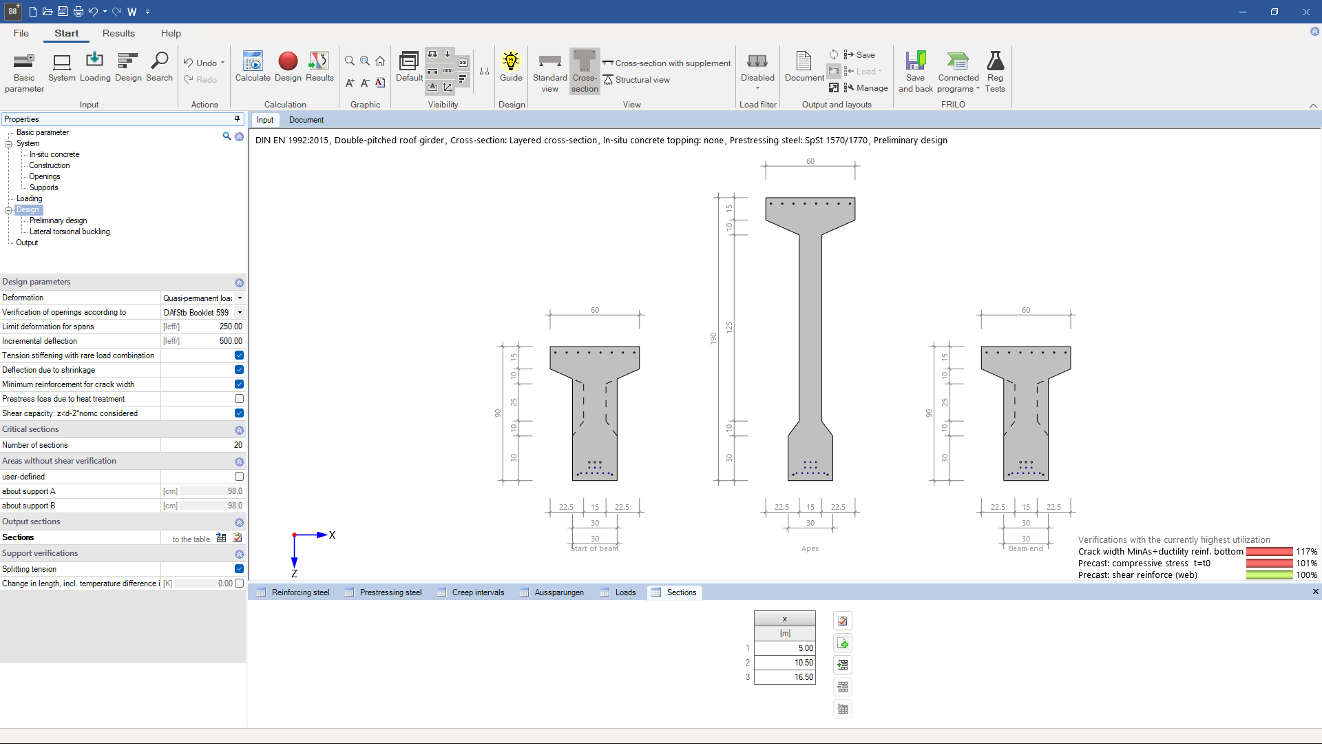 Prestressed Reinforced Concrete Girder | Cross-sections at different points of the beam | FRILO