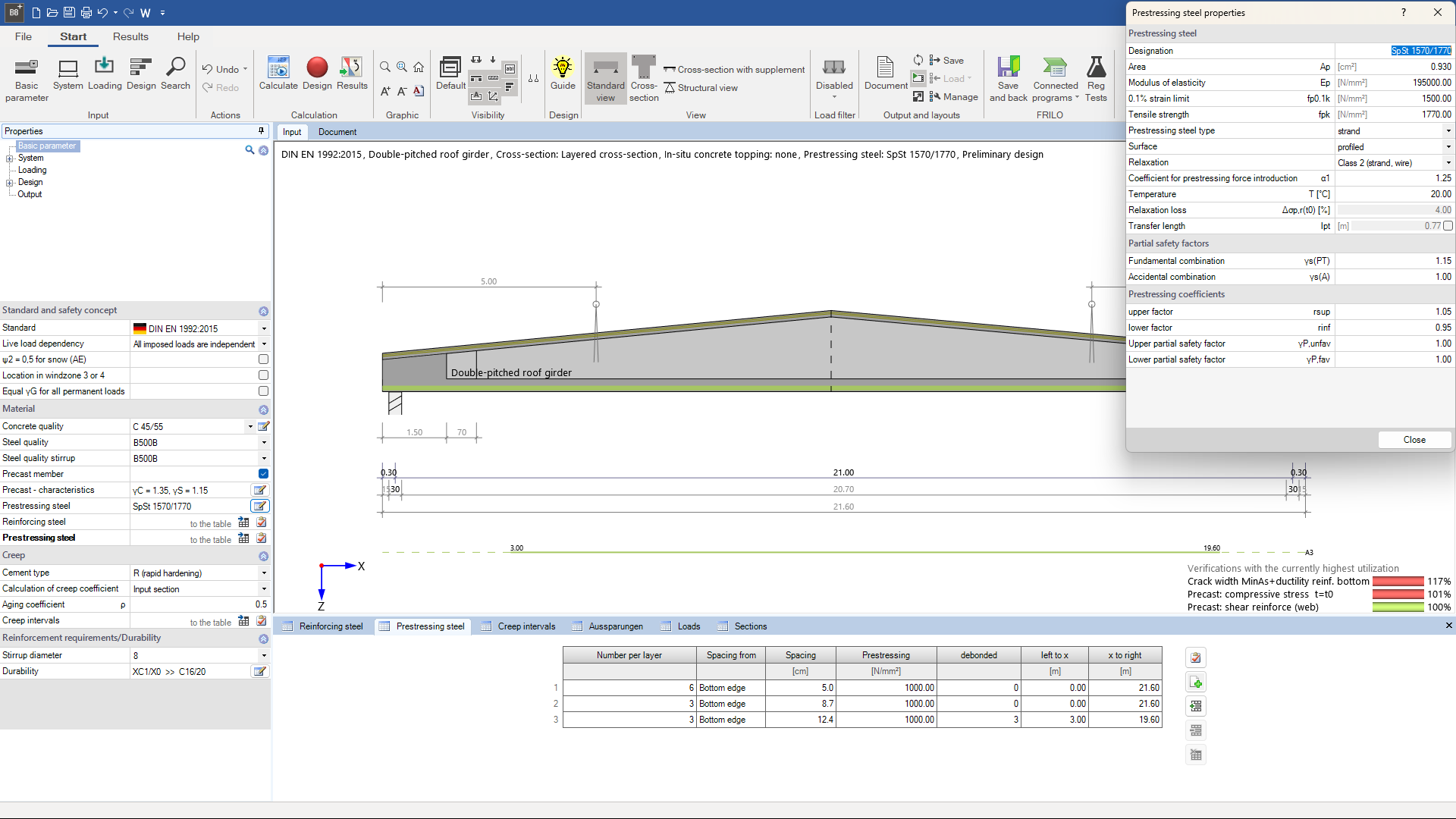 Prestressed Reinforced Concrete Girder | Data entry options for prestressing steel | FRILO