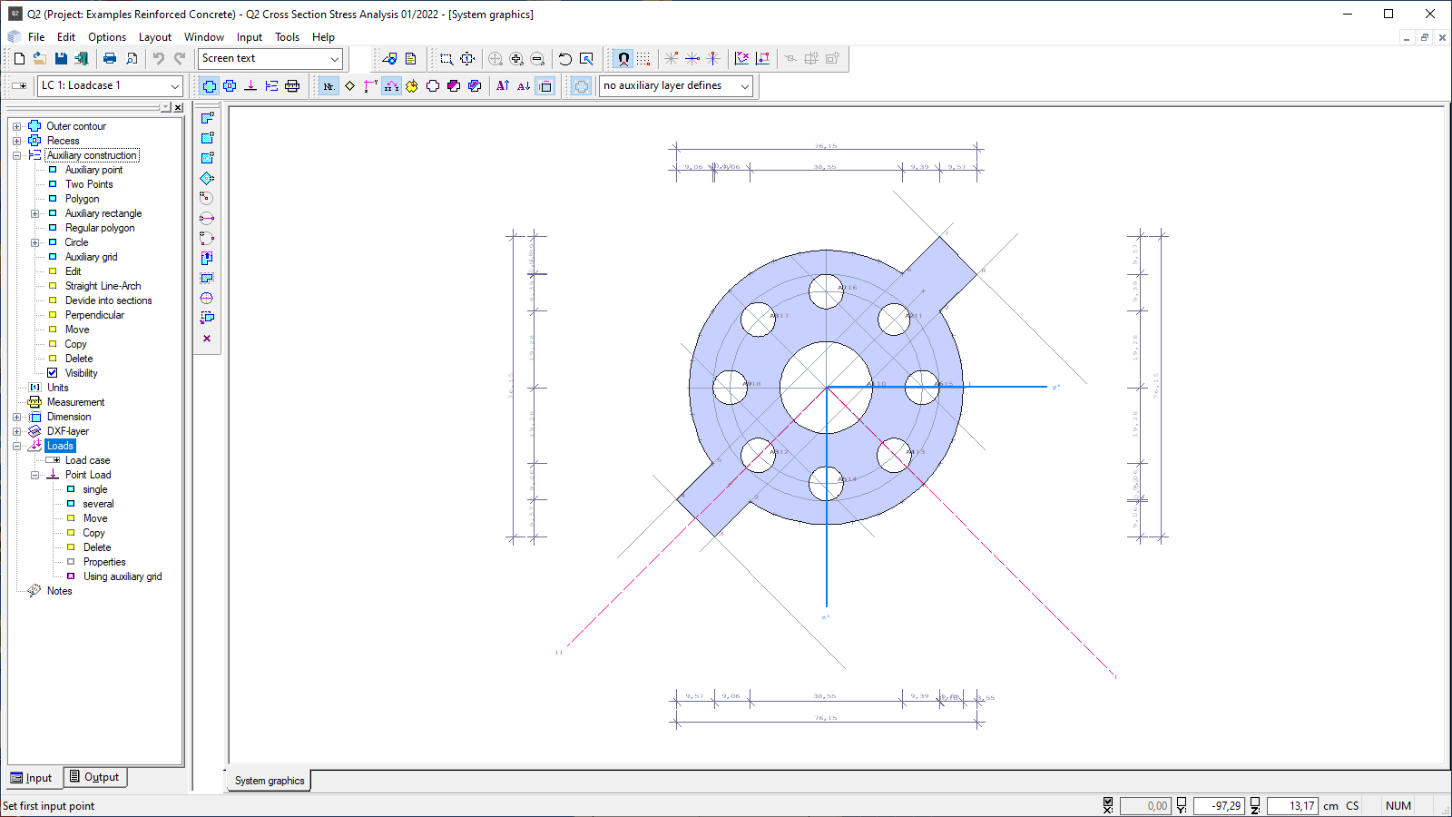 Q2 user interface with system representation, numbered corner points and scale (without auxiliary